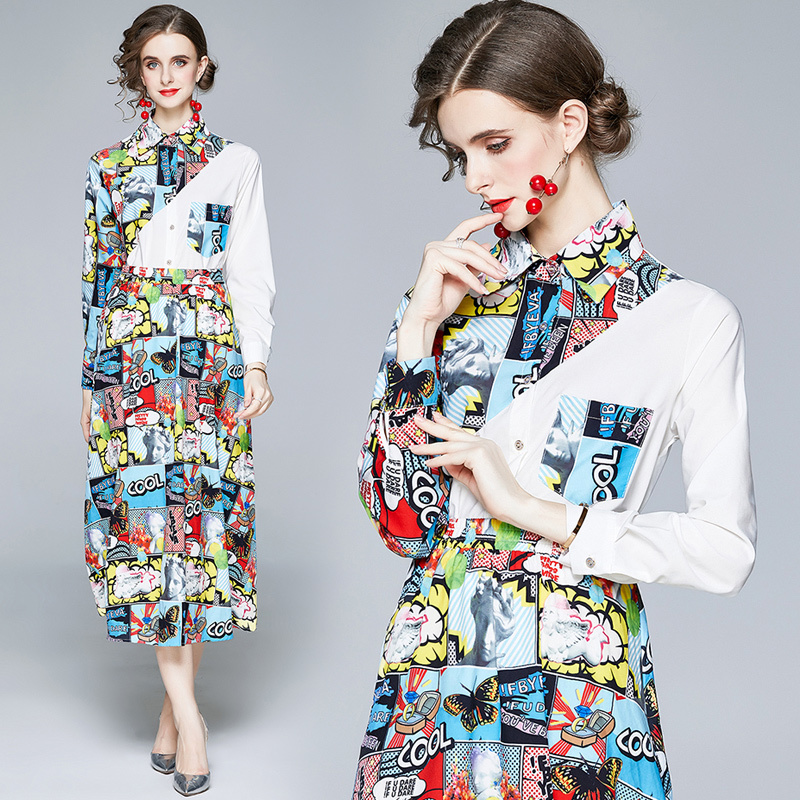 

Dropshipping Wholesale Spring Summer Fall Autumn 2pcs Women Ladies Casual Party Set Vintage Print Collar Long Sleeve Tops Shirt Blouse Midi Skirt Suits Outfit, Q8191