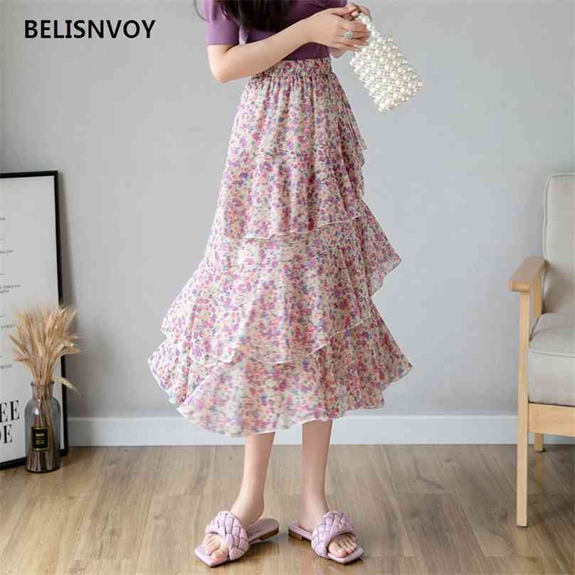 

Summer Women Midi Skirts Ruffles Ladies Beach Holiday Floral Printed Chiffon Layered High Waist Bohemian Skirt For Woman 210520, Photo color 1