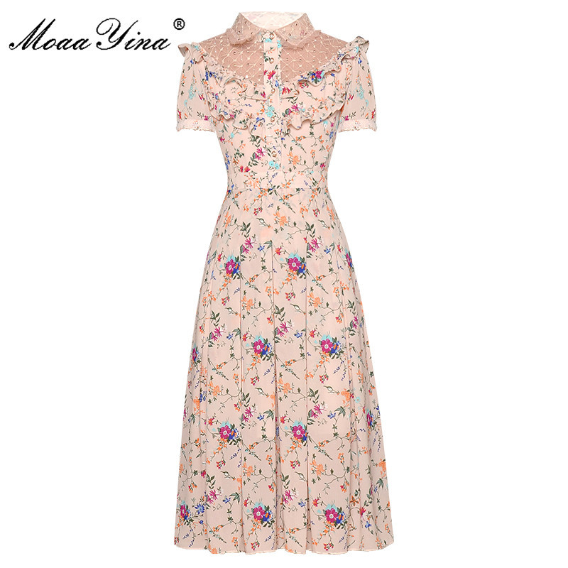 

Fashion Runway dress Summer Women's Dress Sequins Mesh turn-down collar Short sleeve Ruffles Floral-Print Dresses 210524, Khaki