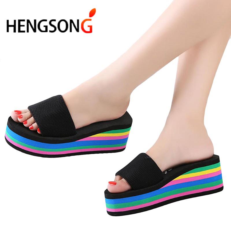 

Slippers 2021 Women Sandals Summer Fashion Rainbow Slides Home Shoes Wedge Heels Beach 8 Style, Black