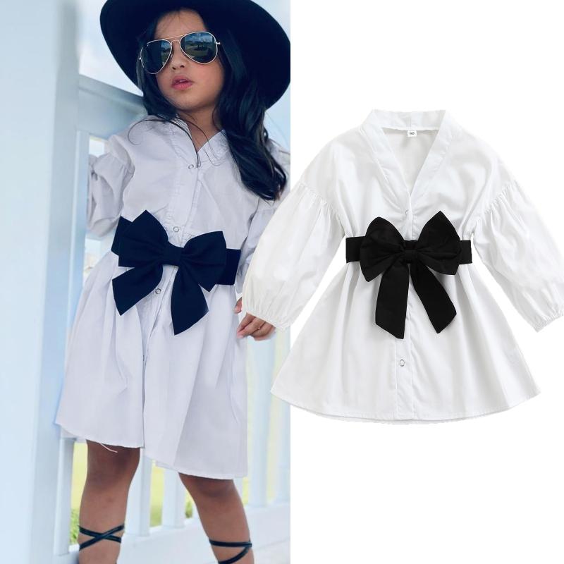 

Girl's Dresses Born Baby Girls Fashion Dress Spring Summer Toddler Long Sleeve Solid Color V-neck Bow-knot Belt Princess Shirt, Red;yellow