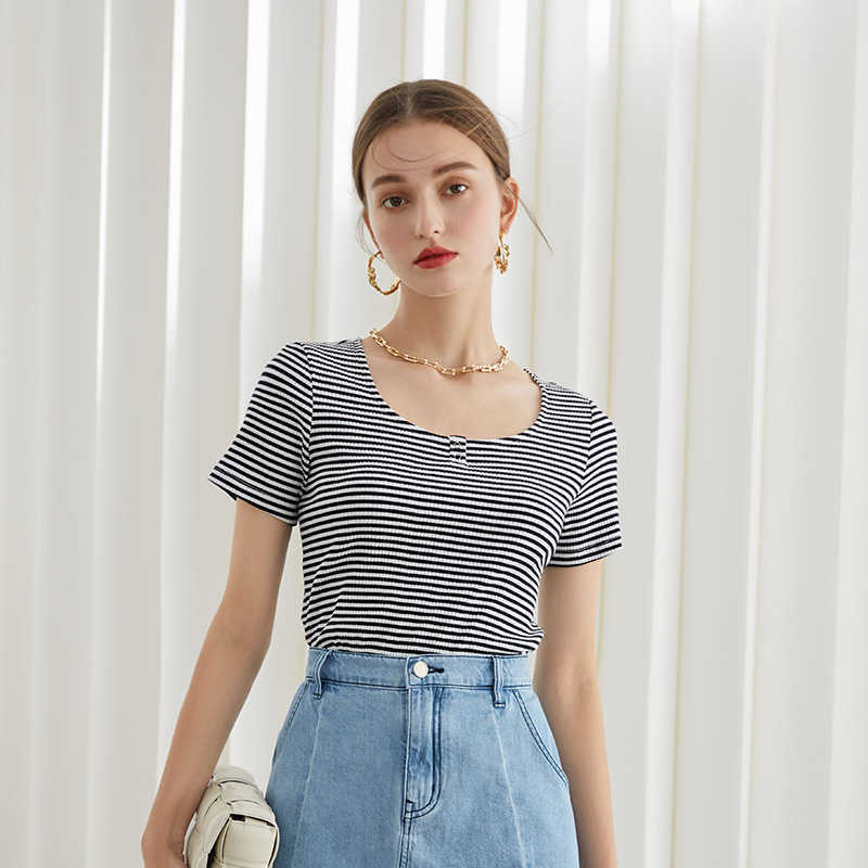 

FANSILANEN Office Lady 100% Cotton Short-sleeved T-shirt Women Summer Slim Black White Striped Short Yellow Tops 210607