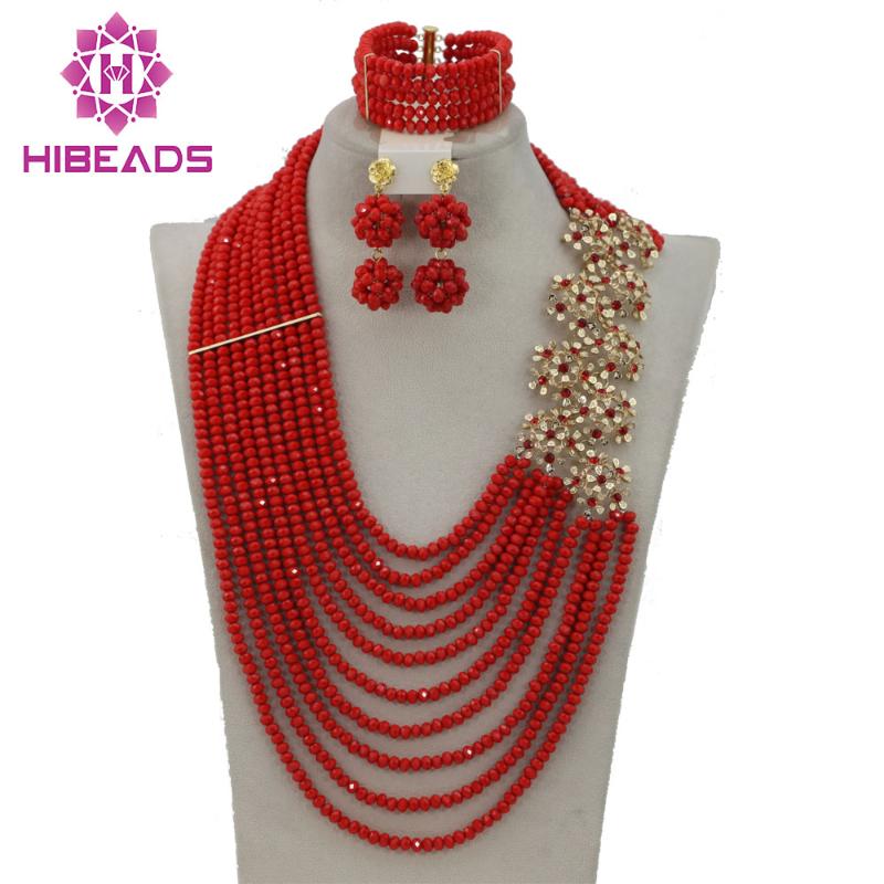 

Earrings & Necklace Amazing Bright Red Wedding Nigerian Beads Jewelry Set 2021 Design Costume GS411, As pic
