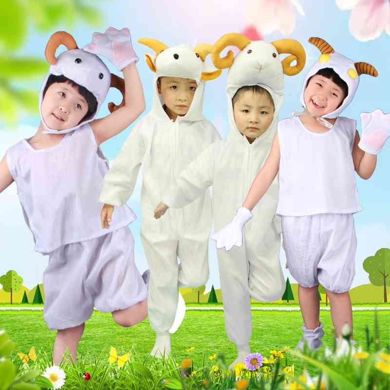 

Halloween children adult animals perform clothes, boys girls stage cartoon costumes, goats and sheep costumes, Black;red