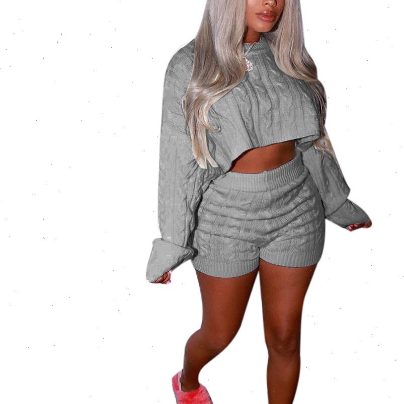 

Sexy Women Tracksuits Short Sweater Two Pieces Knitted Croped Tops Suit Setes Casual Long Sleeve Body Shorts 2 PCS Overall, Gray