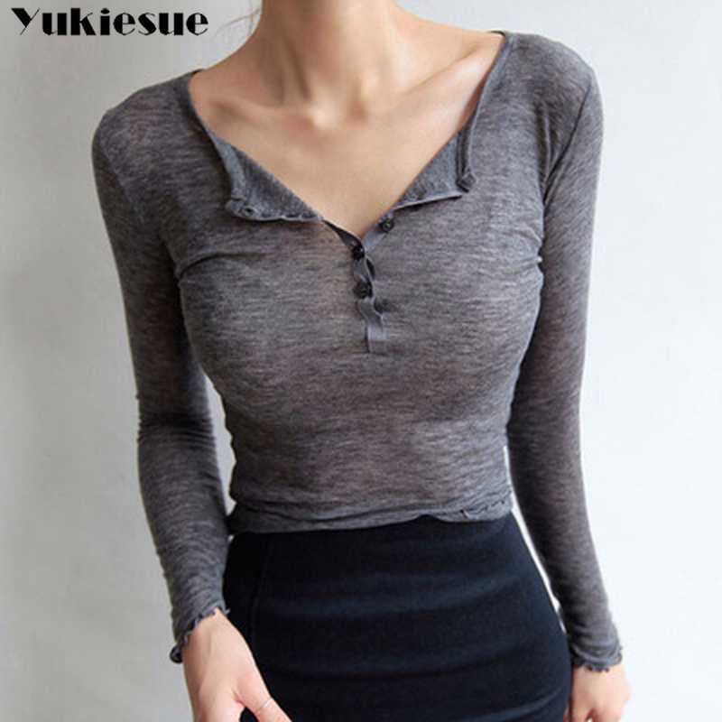 

Autumn Knitted T Shirt Women Long Sleeve V Neck Low-Cut TShirt Casual Sexy Blusas Camisetas Feminina Lady tee Tops t-shirt 210608, Khaki green
