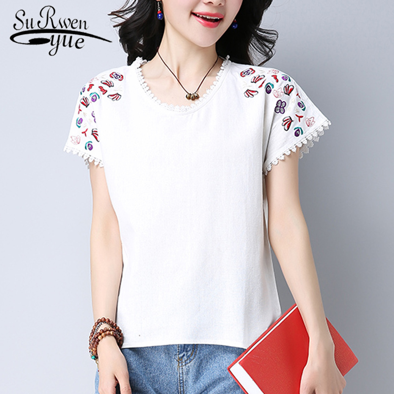 

summer women blouse shirt fashion casual o-neck female ladies tops floral embroidery solid women's clothing 0284 40 210521, Navy blue