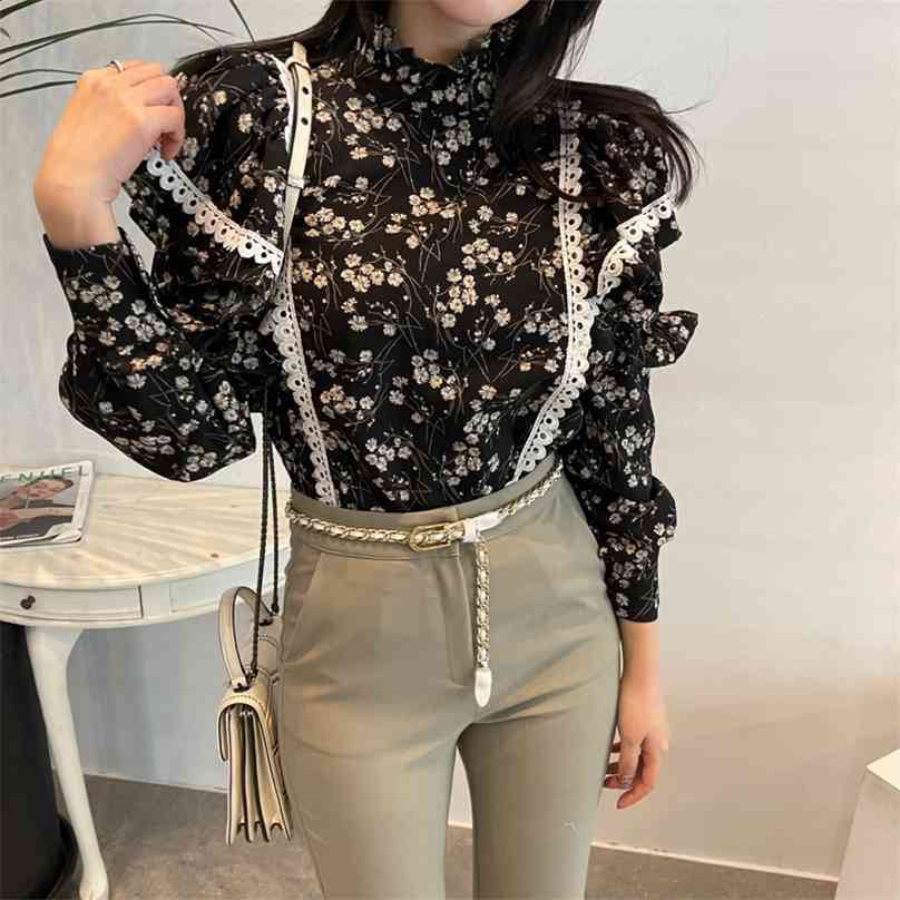 

Office Lady Florals Stand Female Loose Printed Fashion All Match Streetwear Blouses Chic Vintage Lace Shirts 210525, Coffee