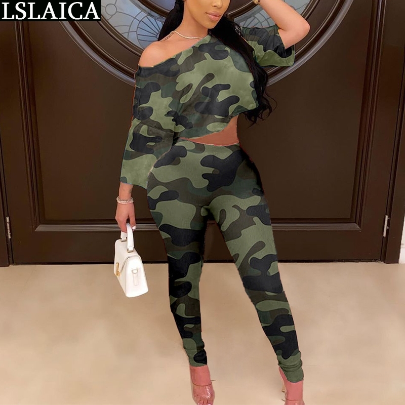 

Trousers and Short Outfit Tops Set Loose O-Neck Elastic Waist 2 Piece Sets Slim Pullover Casual Camouflage Roupas Femininas 210520, Green