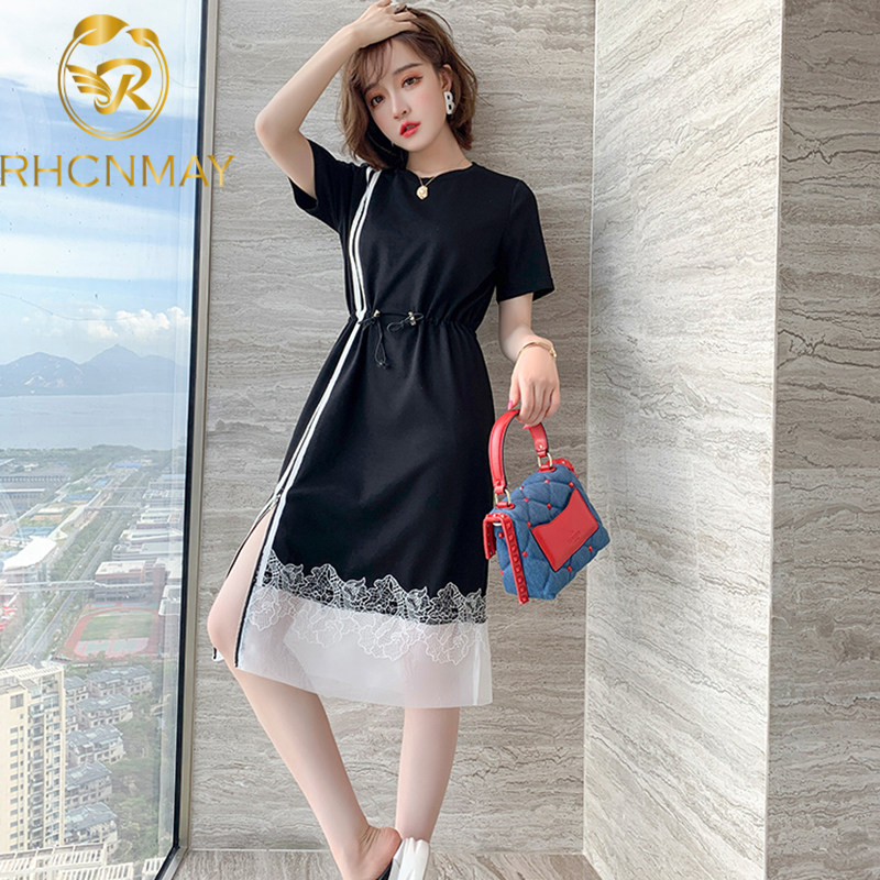 

new women lace dress summer 2021 fashion short sleeve striped patchwork zipper loose dresses s-3xl women t-shirt dress vestidosswimwear bath, Black;gray