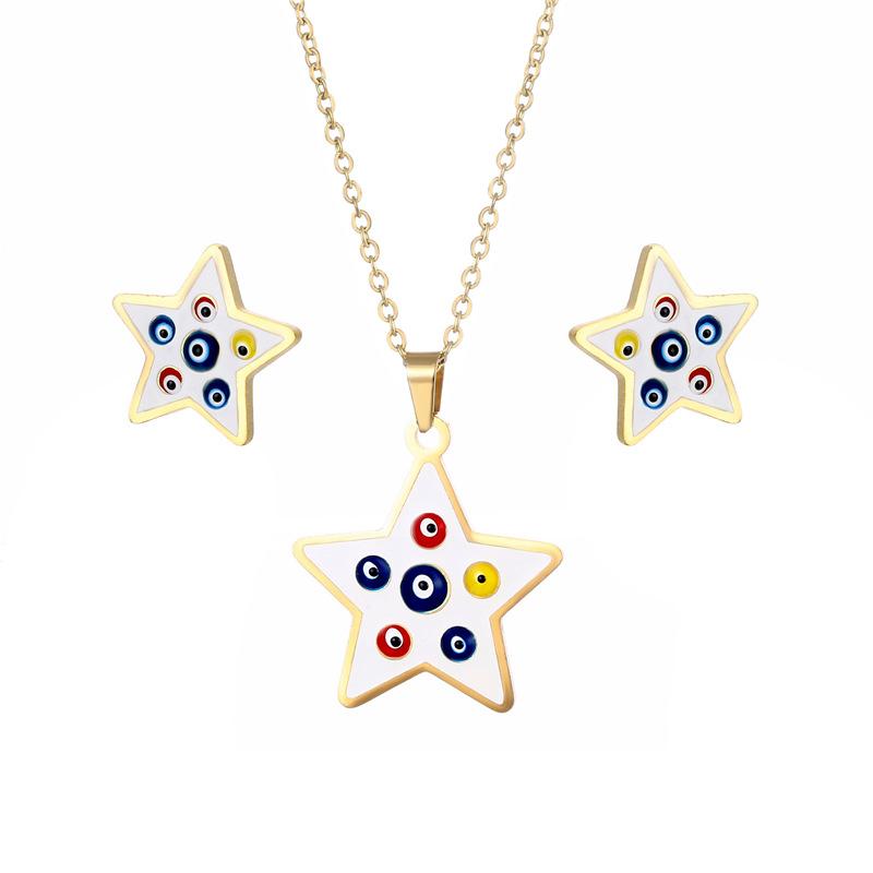 

Earrings & Necklace Trendy Stainless Steel Enamel Star Evil Eye Pendant Chain Stud Earring For Women Gold Color Fashion Jewelry Set Gift, Silver