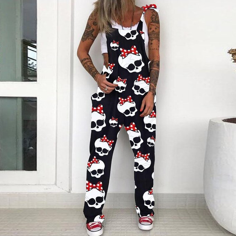 

2021 Fashion Punk Skull Print Jumpsuit Summer Casual Pocket Overalls Bodysuit Women Sleeveless Strappy Loose Romper Playsuit 3XL, Daisy print