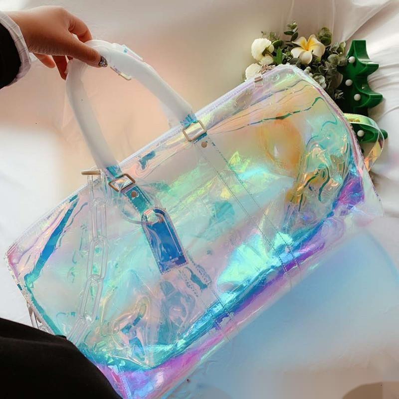 

High Quality Laser Printing Chain Hand Luggage Travel Bag PVC Duffel Bags Men Women One Shoulder His Large Transparent, As picture for 1 and random