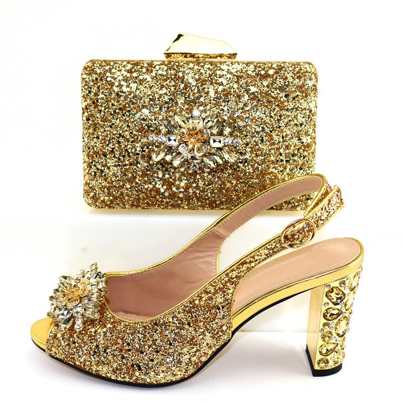 

Dress Shoes Amazing Italian Design Gold High Heel And Handbag Sets Nice Matching For Evening CR102-58 ,heel 9cm, As pic