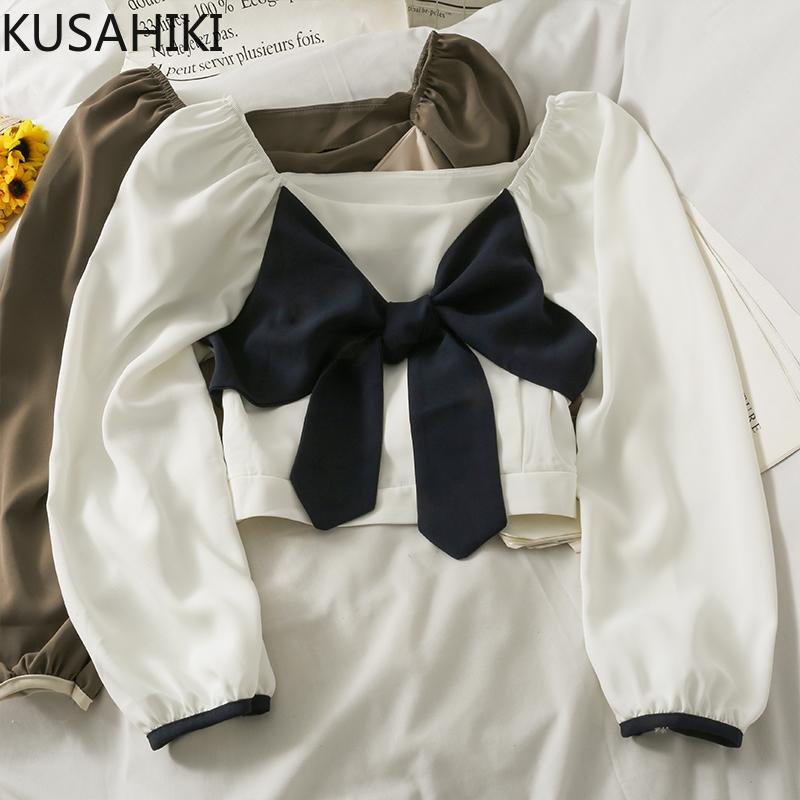 

Women's Blouses & Shirts KUSAHIKI Womens Tops Korean Sweet Bowknot Patchwork Blouse Shirt Puff Sleeve Off Shoulder Short Slim Blusas Mode De, Khaki