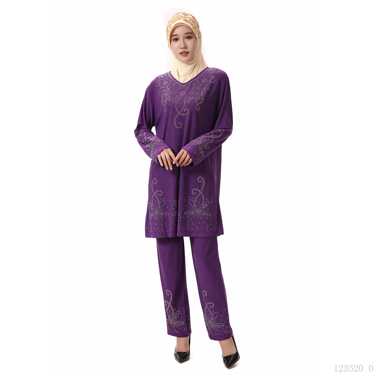 

Ramadan Muslim Abaya 2 Piece Set Women Prayer Garment Suits Sequins Long Shirts and Pant Islamic Clothing Moroccan Kaftan Dress