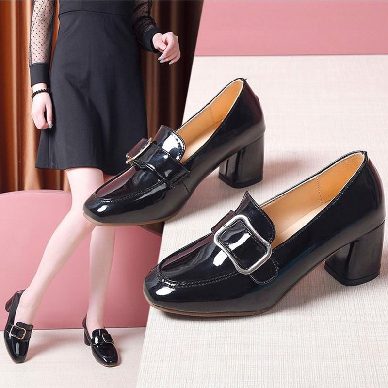 

Dress Shoes Women Spring Slip On Square Toe Chunky Heels Pumps Woman Casual Buckle Pu Leather Office Female Fashion, Dark brown