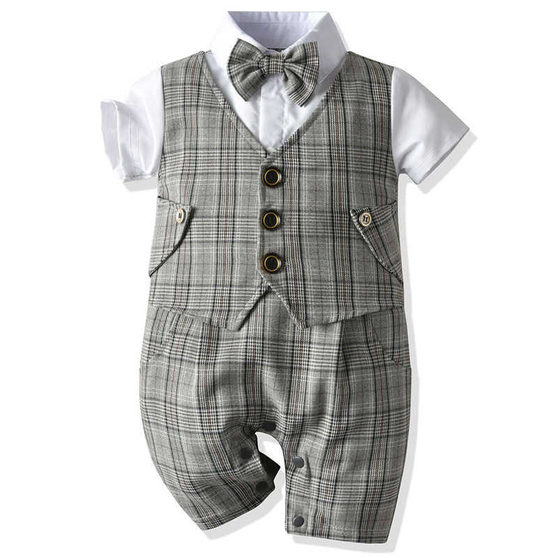 

Baby Boy Christening Birthday Outfit Kids Plaid Suits born Gentleman Wedding Bowtie Formal Clothes Infant Summer Clothing Set 210615, Grey set
