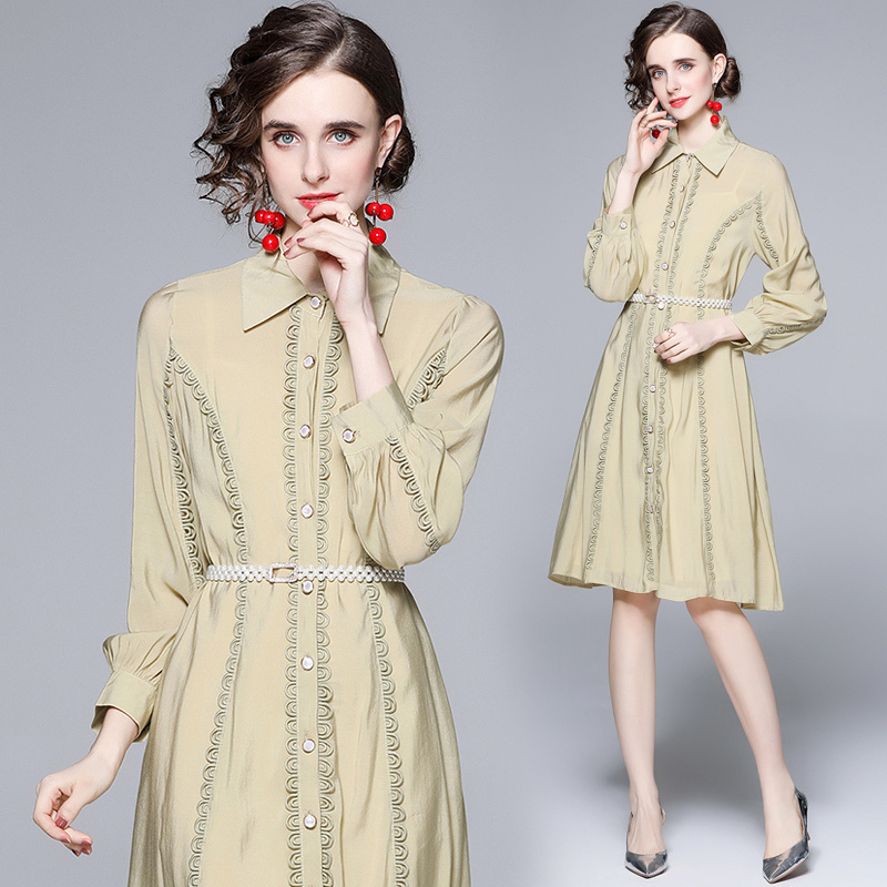 

Dropshipping Wholesale New Arrival Summer Fall Print Lapel Neck Single-breasted Women Ladies Party Fashion Demure Elegant Temperament Belt Tunic Slim Shirt Dress, Qpzm6073