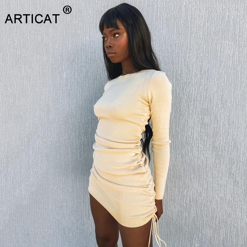 

Womens Dresses Articat Knitted Drawstring Sexy Bandage Long Sleeve High Waist 2021 Autumn Winter Women Mini Bodycon Party Dress Ruched Casual, Black