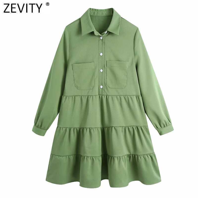 

ZEVITY Women Fashion Double Pockets Patch Solid Pleats Mini dress Office Ladies Breasted Casual Vestidos Chic Dresses DS8122 210603, Bb ds8122w