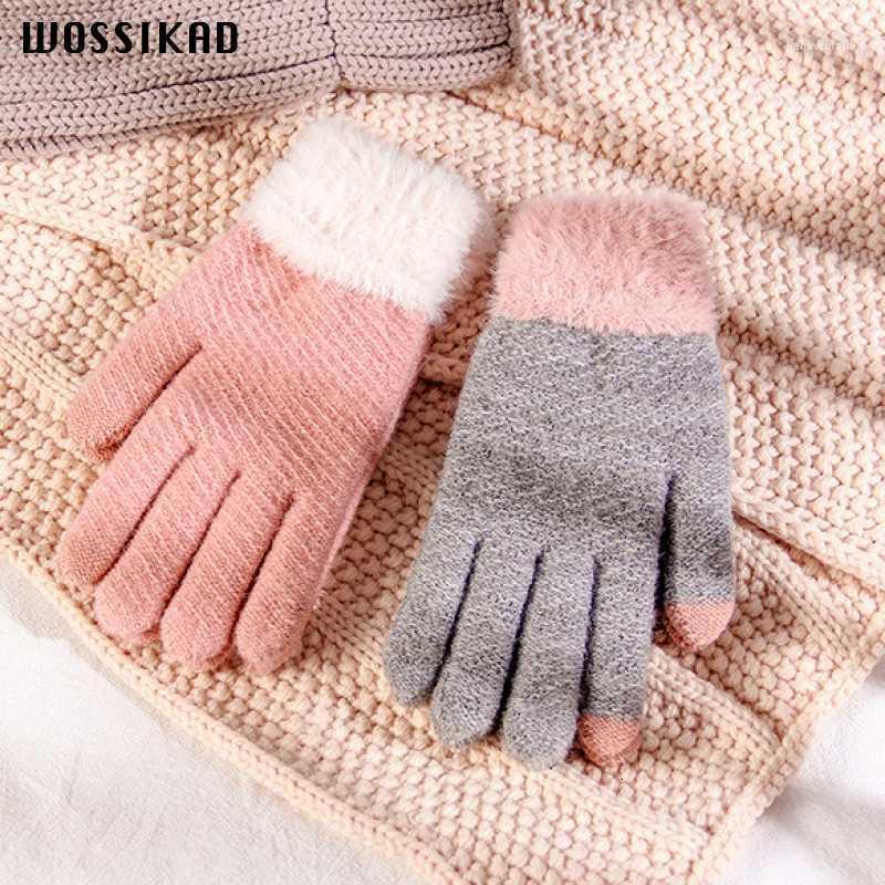 

Five Fingers Gloves Touch Screen Glove Woman Winter Keep Warm Thickening Knitting Lovely Wool Imitate Plush Mink The Hiver Femme1