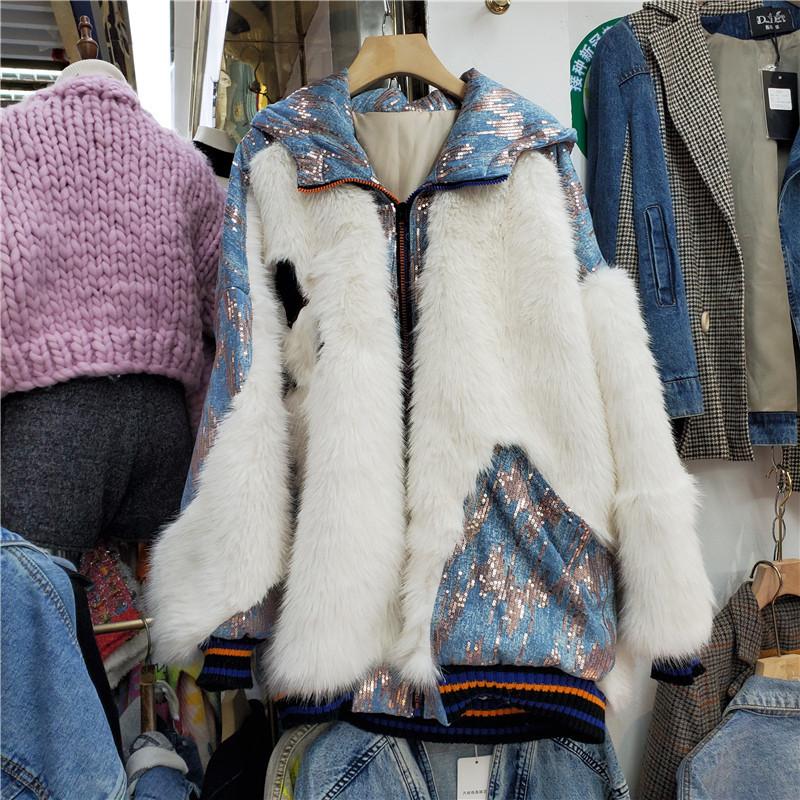 

Women's Jackets Heavy Work Sequins Thick Hooded Imitation Fur Patchwork Women Denim Coat Autumn Winter Warm Long Sleeve Loose Casual Female, Black;brown