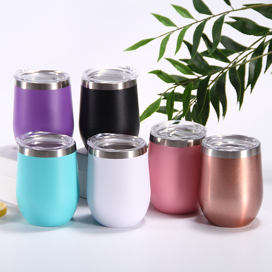 

12oz Blank Sublimation Wine Tumblers Egg Shaped Wine Glass Double Wall Mugs Stainless Steel Tumblers with Lid Sea Shipping, Randomly color