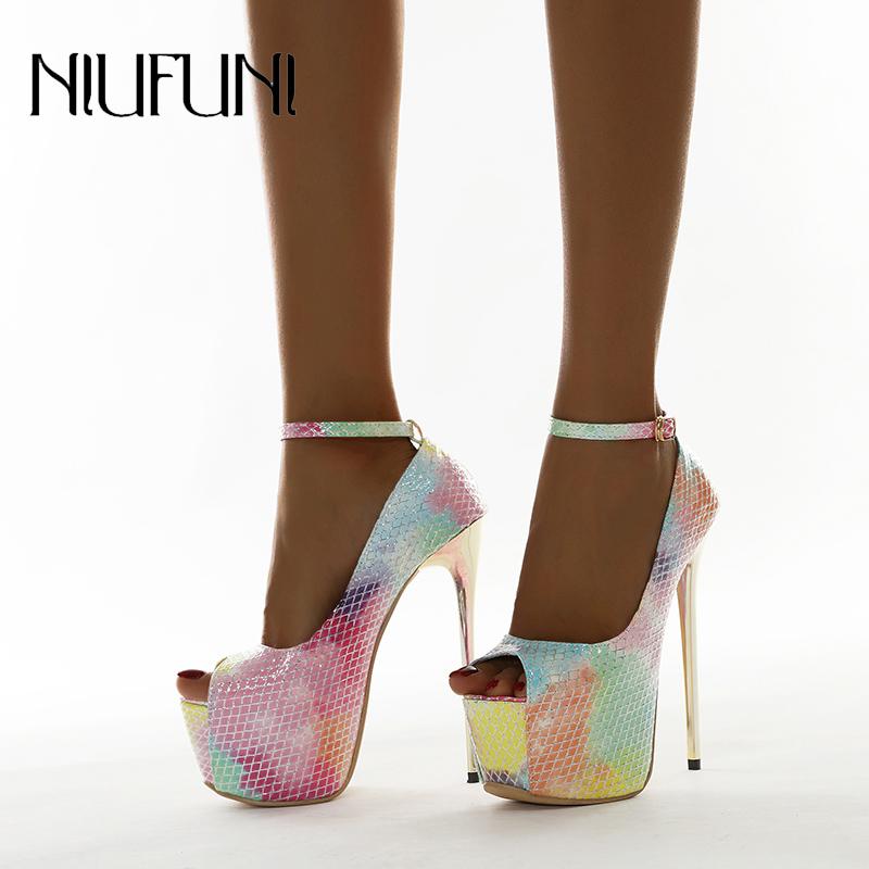 

Rainbow Snake Print Women's Sandals Peeping Toes 16CM Super High Heel Plus35-42 Hasp Waterproof Platform Shoes Dress, Multi
