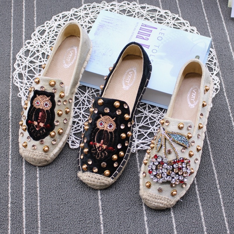 

Sandals Spring handmade straw woven women's espadrilles rivets rhinestone fisherman pregnant women shoes flat shallow INHN, Beige