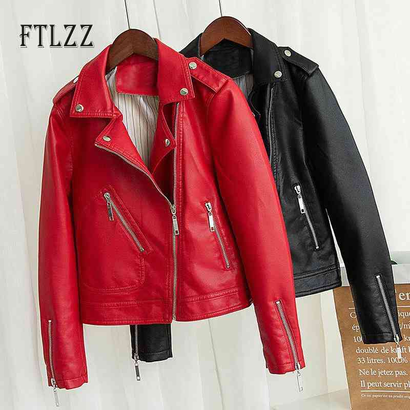 

Fashion motorcycle jacket women slim turndown collar short faux leather coat ladies autumn winter red biker PU outerwear 210602