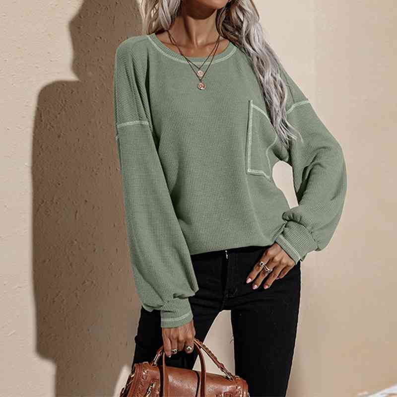 

Autumn and winter T-shirt loose long sleeve sweater women's round neck splicing top, Black