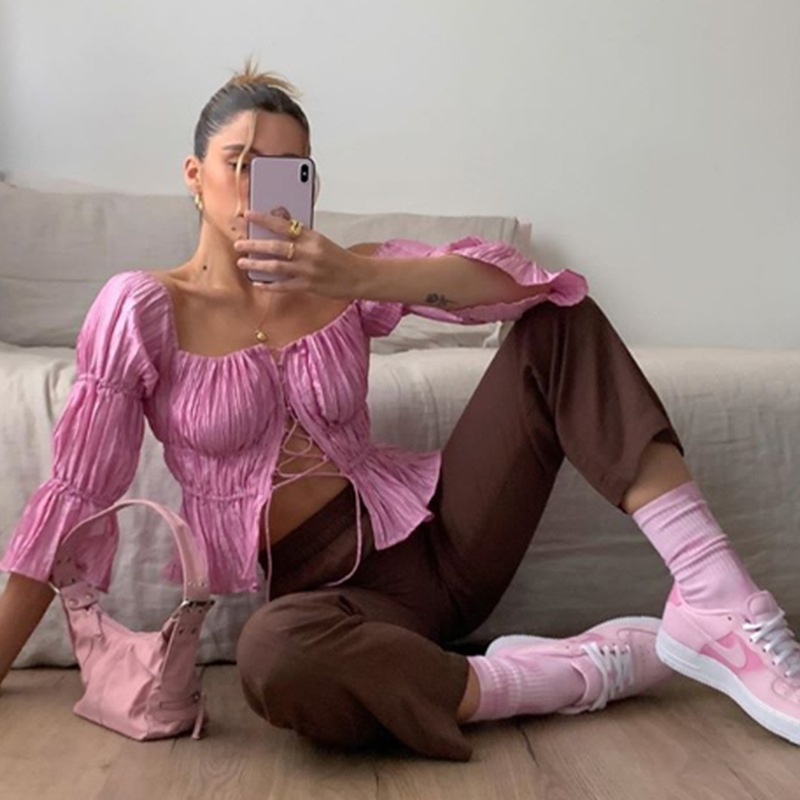 

Off Shoulder Puff Sleeve Women Blouse Shirts Crop Top 2021 Summer Fashion Lace Up Ruched Blouse Blusas Mujer Topshigh quality, Pink