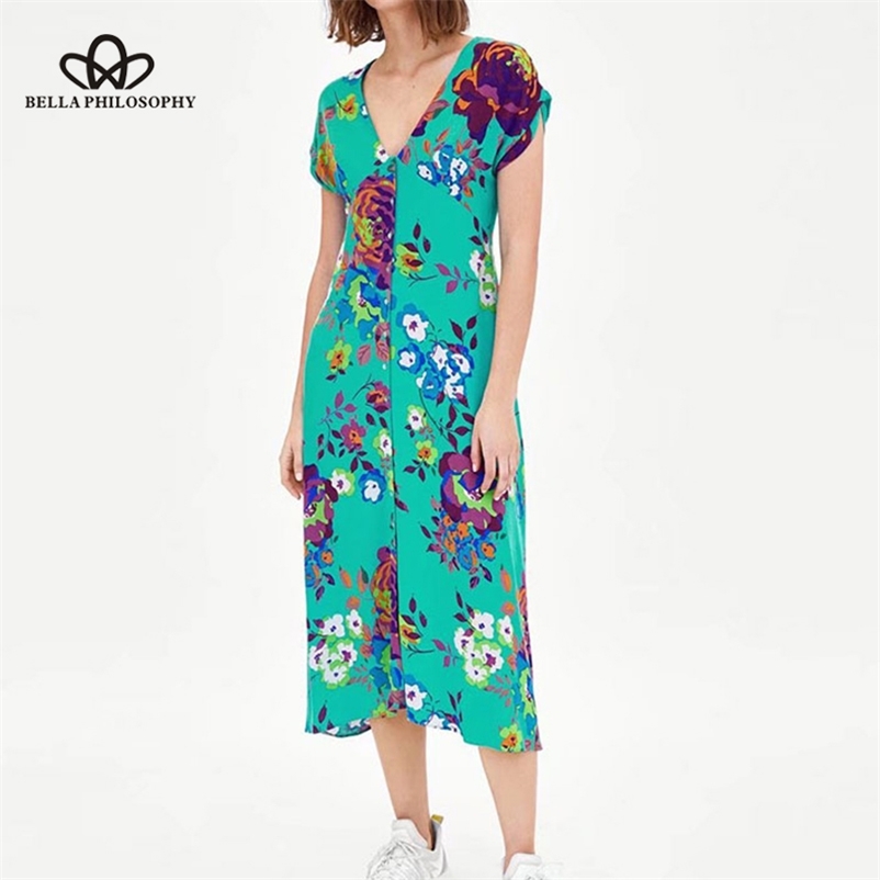 

Bella Philoophy Printed V-neck Chiffon Dress Spring Office Lady Cute Buttons Elastic Casual Female Beautiful 210519, Turquoise