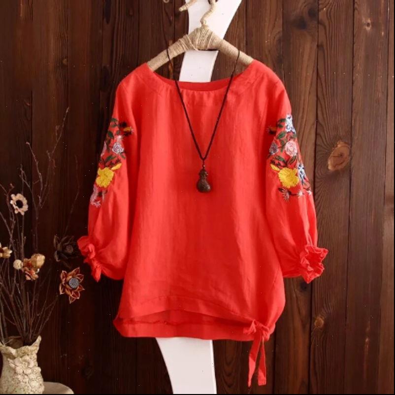 

plus size puff sleeve womens shirt 100% cotton embroidery loose casual clothes summer short, White