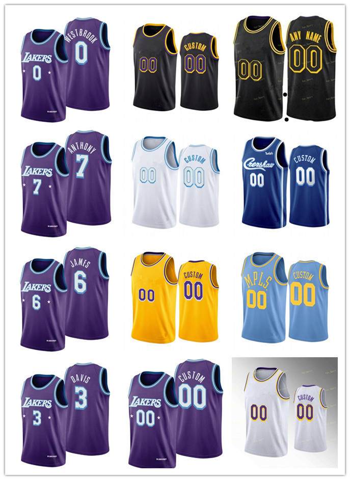

75th Custom Los Angeles's MEN Lakers's Jersey Women Youth LeBron 6 James Russell 0 Westbrook Anthony 3 Davis Carmelo 7 Anthony Bas, Black;red