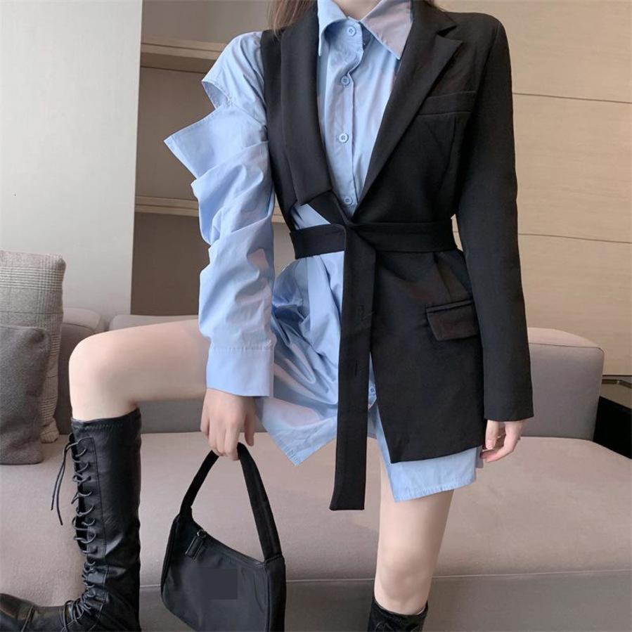 

Vintage Women with Sashes Black Irregular Female Suit Jacket Long Sleeve Pockets Blazer and Blue Shirt Dress Set, White;black