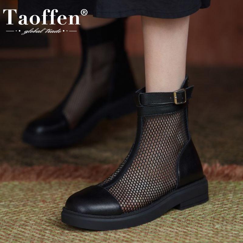 

Boots TAOFFEN Summer Women Real Leather Hollow Out Shoes Zipper Outdoor Fashion Pumps Female Footwear Size 32-43, Black