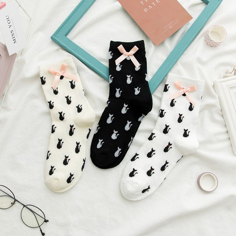 

2021 Cute Women Cat Socks Japanese Style Cartoon Animal Print Bowknot Lolita JK Uniform Soft Girl Cotton Student Middle Tube Socks, Black
