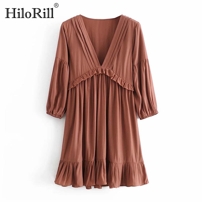 

HiloRill Solid Color Women A Line Ruffle Mini Dresses V Neck Casual Pleated Dress Female Long Sleeve Elegant Vestidos, Black;gray