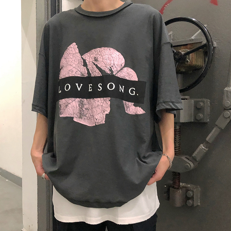 

Luke viral love song tee heart print wash make old high street short sleeve T-shirt H73W, White;black