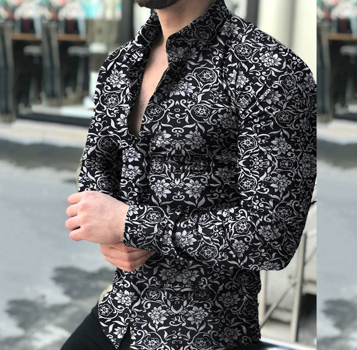 

2021 Mens Long Sleeve Autumn Casual Button-Down Shirts Top Fashion Holiday Floral Print Business Slim Muscle Tops, White;black