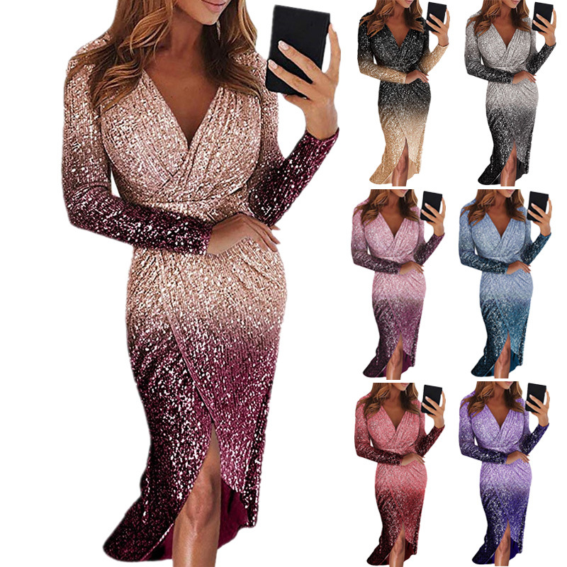 

Designer Women' Long Evening Dress Long Sleeve Gradient Sequin Party Dress, Multi