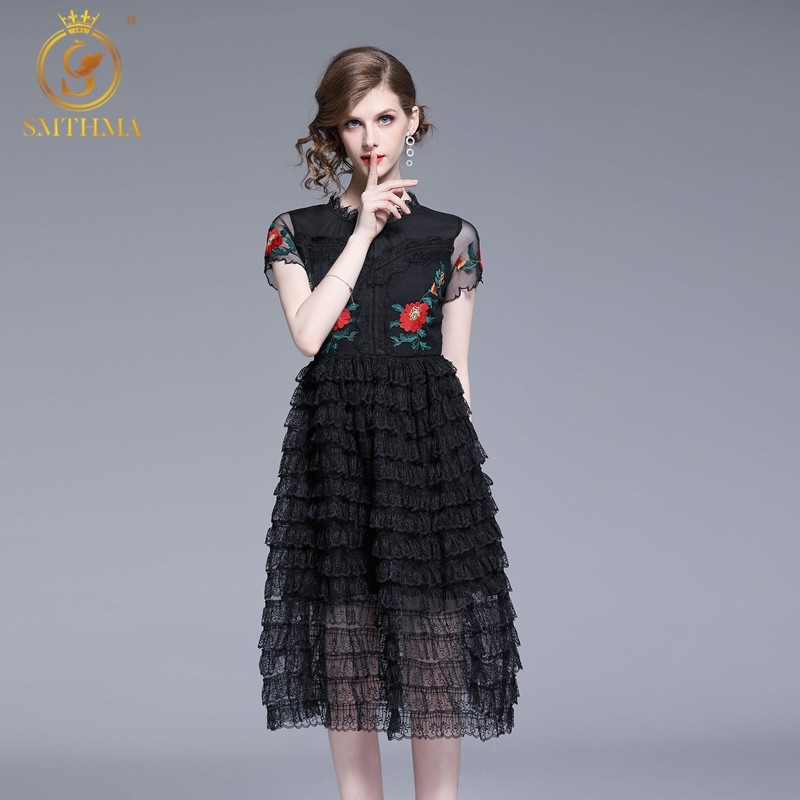 

Fashion Runway Vintage Elegant Embroidery Flower Summer Dress Women Sexy Hollow Out Mesh Dresses Vestidos 210520, Photo color
