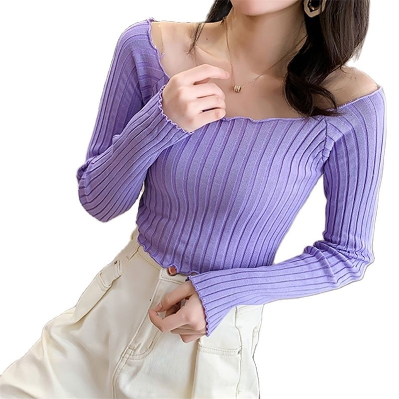 

Spring Women T-shirts Knitted Tees Long Sleeve Casual Buttons Square Neck For 210518, Pink
