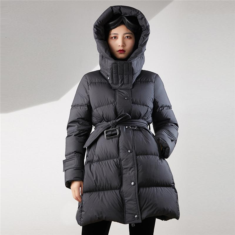 

Women's Down & Parkas 2Hooded High Waist Slim Warm Coat Female 019 Autumn Winter White Duck Jacket Women Belt Solid Hat Thick Oute, Black