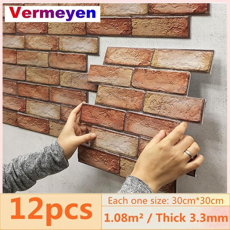 

Wall Stickers 12pcs 3D Brick Sticker Self-Adhesive PVC Wallpaper For Bedroom Waterproof Oil-proof Kitchen DIY Home Decor