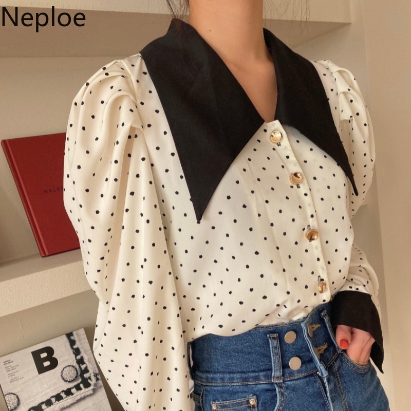 Neploe Korean Chic Shirt Spring Fashion Blouses Women Peter Pan Collar Polka Dot Sweet Puff Sleeve Blouse Tops Female 94811 210422