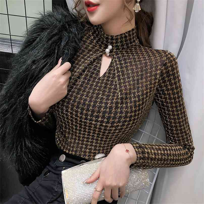 

Spring Summer Elastic Shiny Clothes Houndstooth T-shirt Sexy Hollow Out Women Tops Ropa Mujer Bottoming Shirt Tees T02313 210720, Black tshirt