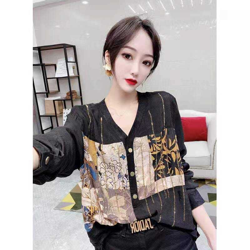 

Arrival Summer European Style Women Loose Casual Long Sleeve V-neck Blouse Vintga Print Single Breasted Shirts W145 210608, Black